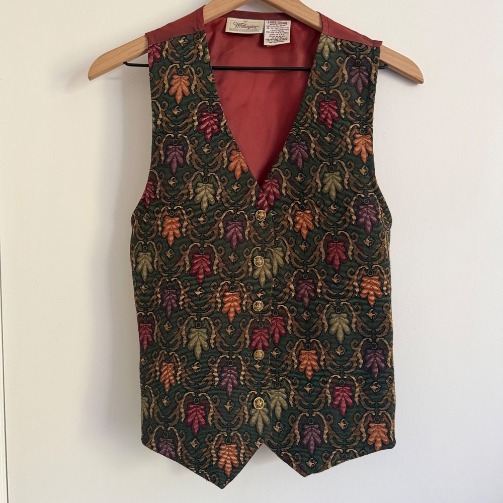 Worthington Vintage Tapestry Vest Leaf Pattern Gold Buttons Large Petite Peasant